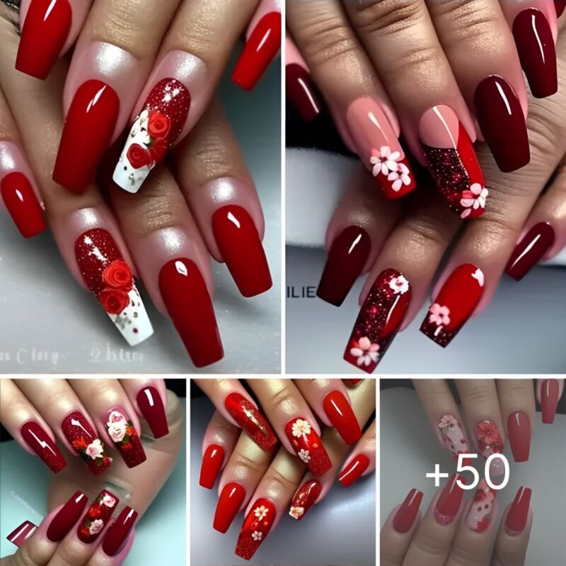Crimson Coffin Nails with Floral Designs: Stunning and Female Ideasv
